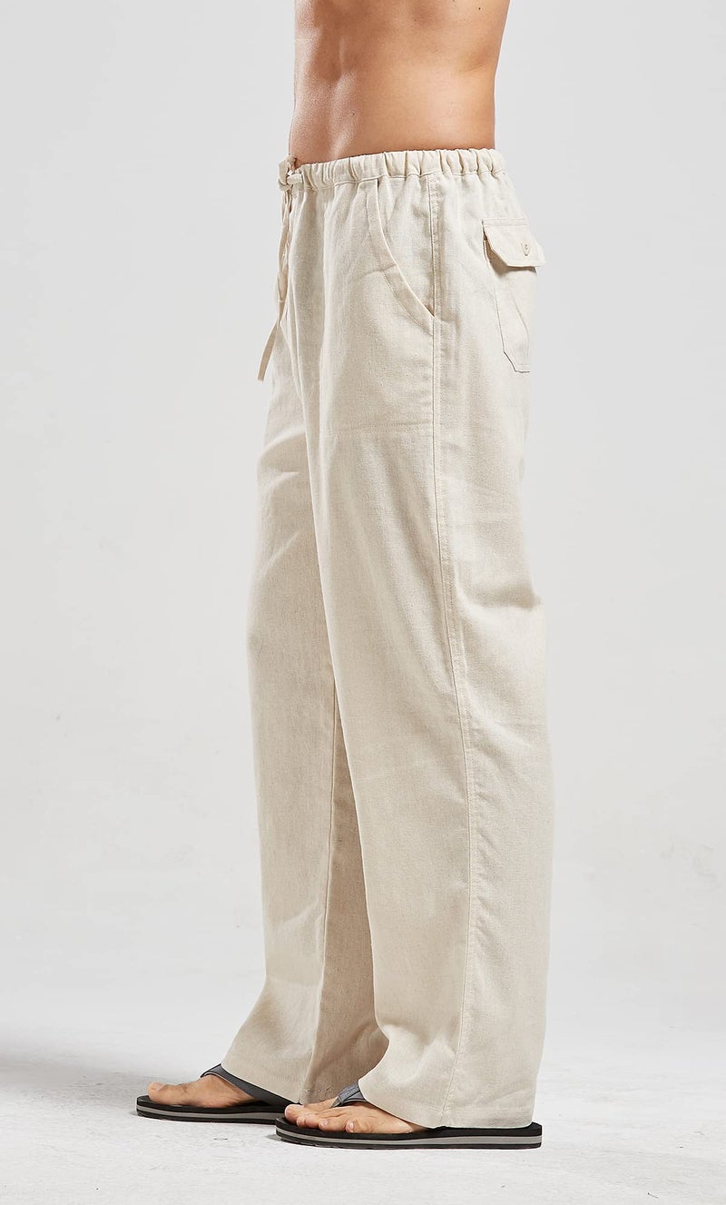 utcoco Qiuse Men's Casual Loose Fit Straight-Legs Stretchy Waist Beach Pants (Medium, Beige) - Image 1